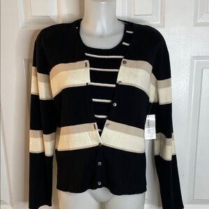 JEANNE PIERRE 2PIECE CARDIGAN SWEATER & TANK TOP BLACK,CREAM & WHITE STRIPED MED